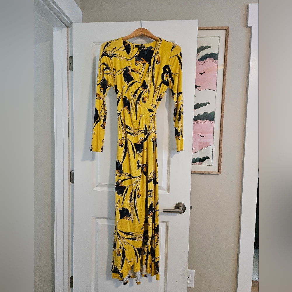 A Pea in the Pod Yellow Floral Wrap Maxi Dress with Black Print SzM